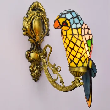 În Stil European De Sticlă Colorată Retro Oglindă Lampă Față American Pastoral Noptieră Lampa De Perete Culoar Galben Papagal
